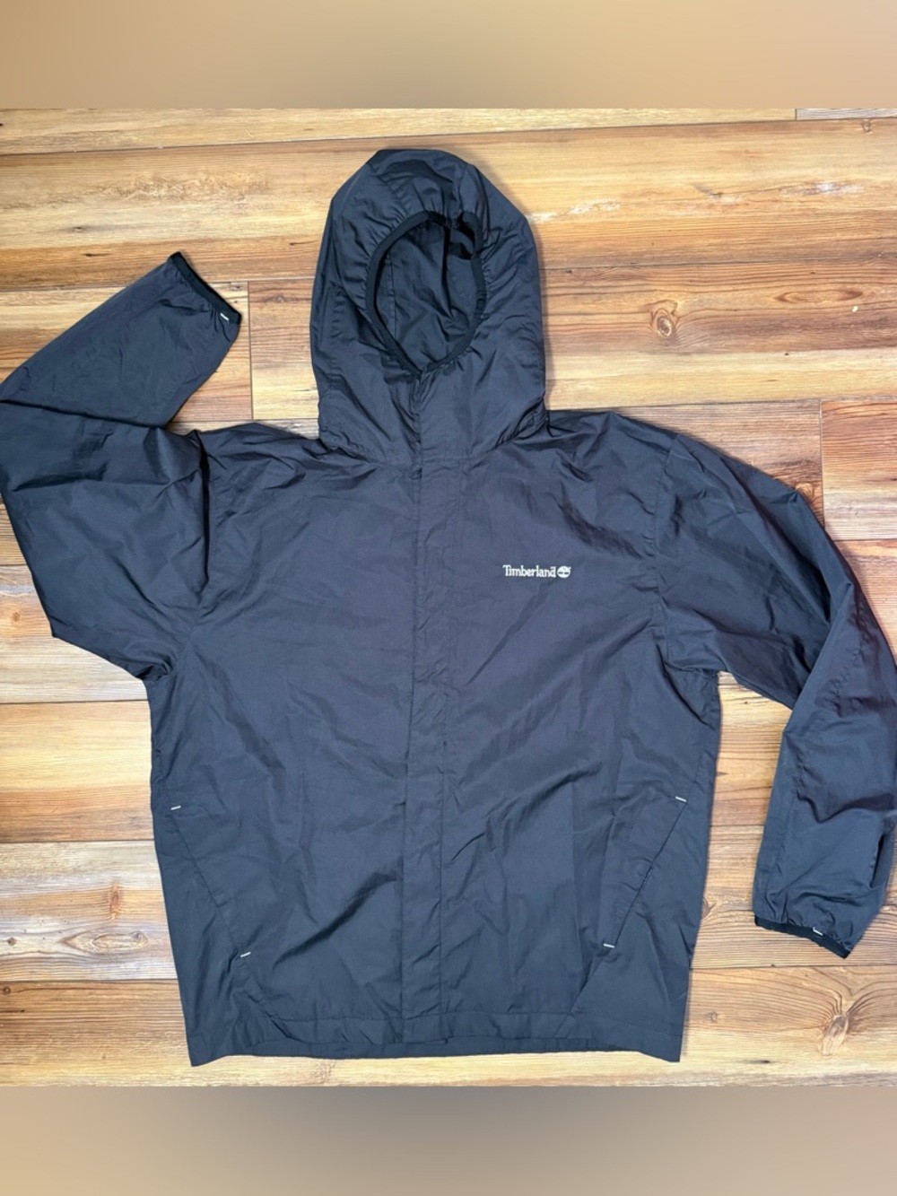 Timberland Hooded Windbreaker Jacket Black Lightweight Rain Coat Mens S Medium